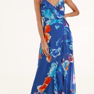 Laden Royal Blue Floral Print Ruffled Wrap Maxi Dress - LuLus
